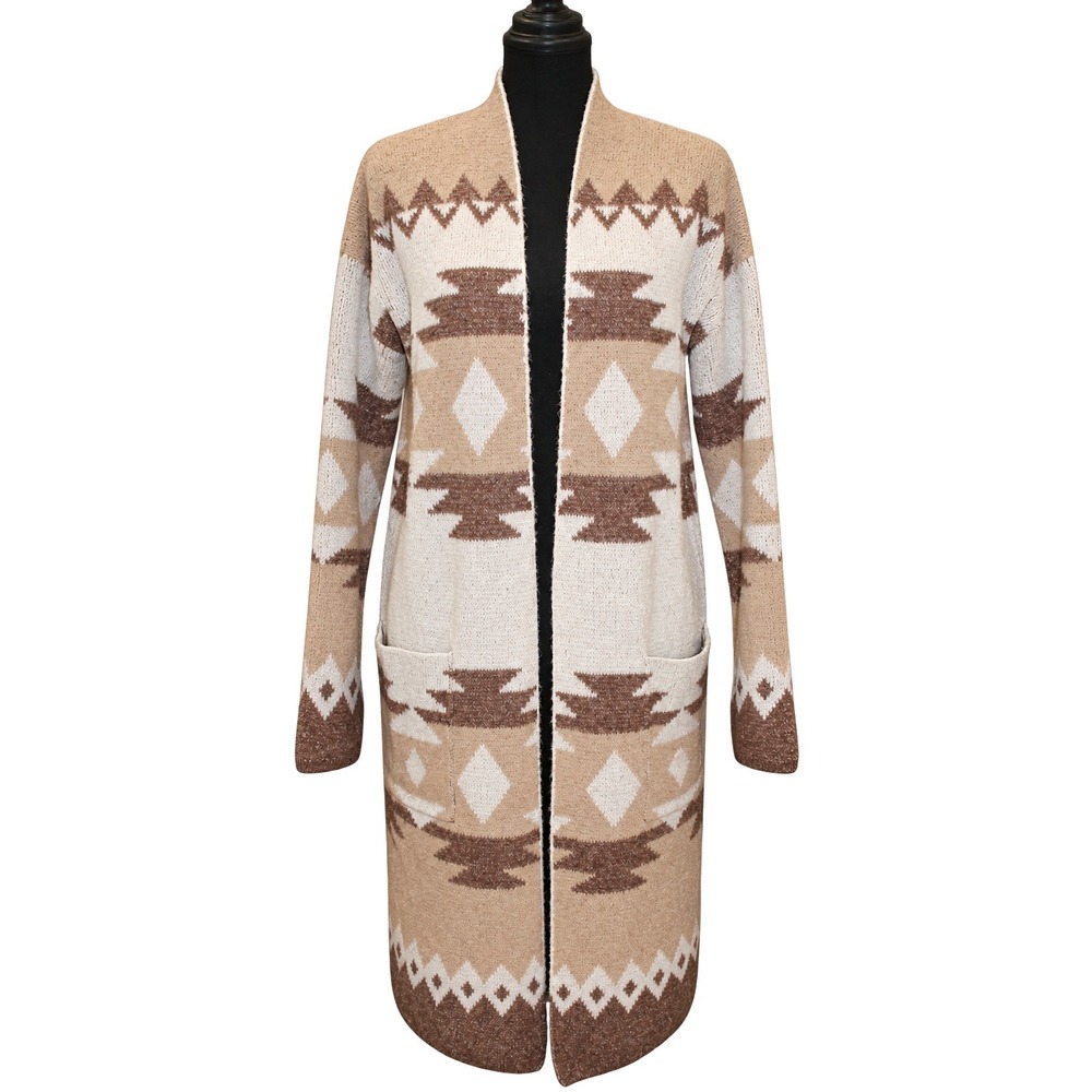 Jessica Simpson Southwestern Geometric Duster Cardigan Women M Tan Brown